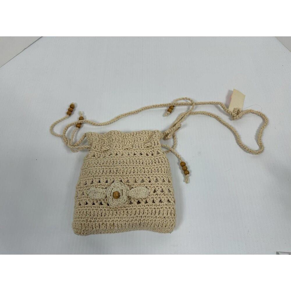 VTG Crocheted Macrame Boho Crossbody Bag Purse Braided Strap Lined‎ Fringe NWT - Picture 4 of 11
